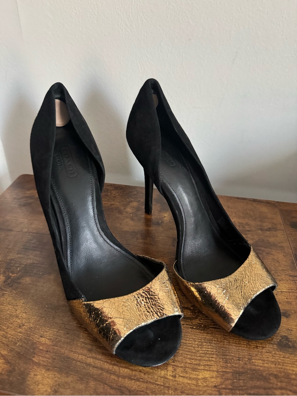 Coach Black Suede Peep-Toe Pumps with Gold Accent size 10